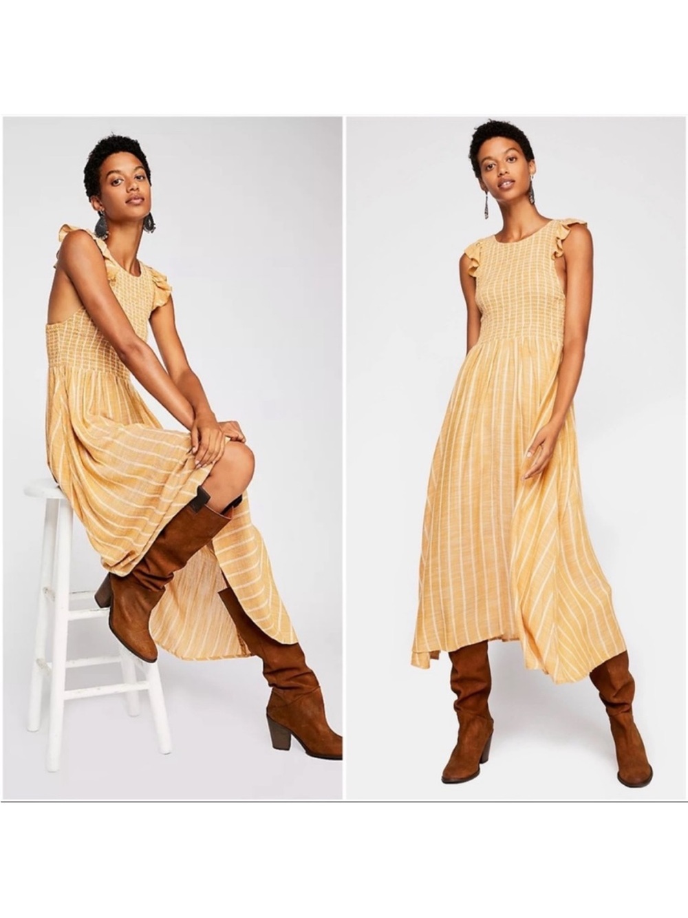 FREE PEOPLE Yellow Chambray Butterflies Midi Dress